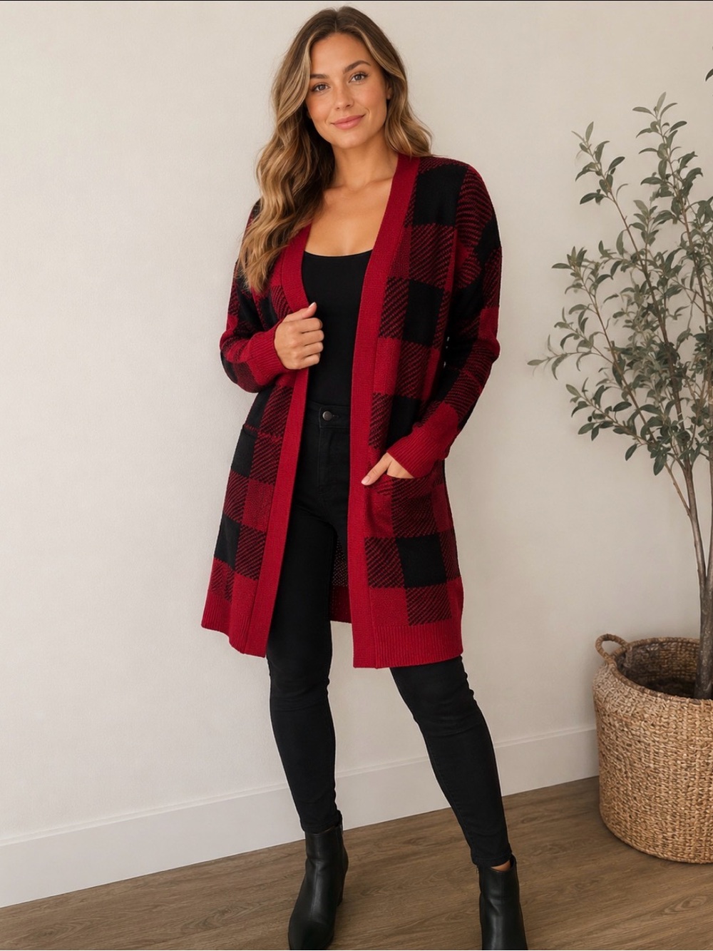William Rast Red and Black Buffalo Plaid Open-Front Cardigan